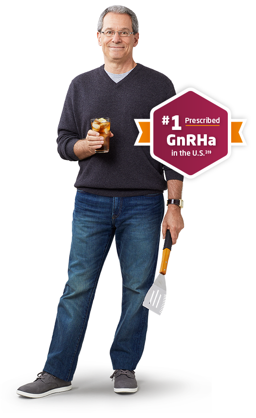 Lucas, a LUPRON DEPOT patient, standing next to ‘The number one prescribed GnRHa’ badge