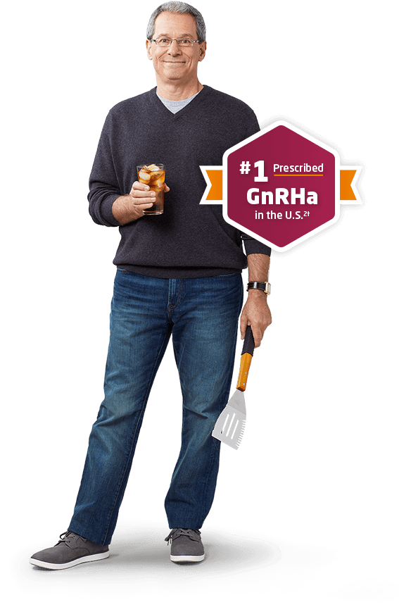 Lucas, a LUPRON DEPOT patient, standing next to ‘The number one prescribed GnRHa’ badge