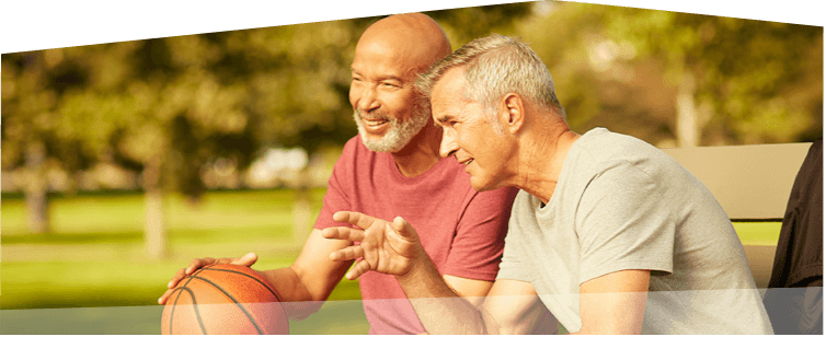 Banner photo at the bottom of the page showing 2 men having a friendly conversation with each other on a park bench as they take a break from one-on-one basketball. 